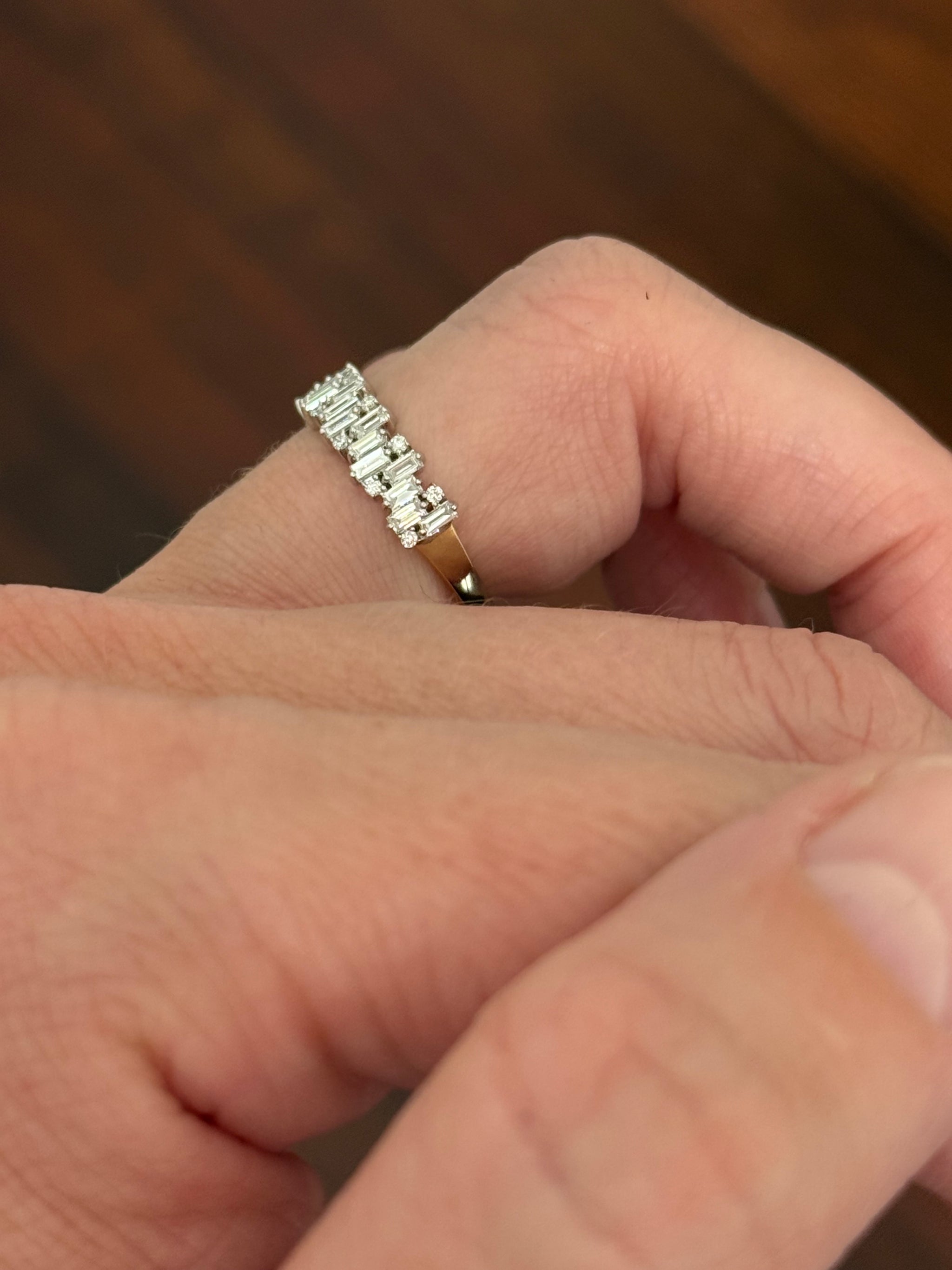 Yellow and white gold baguette and round lab diamond band