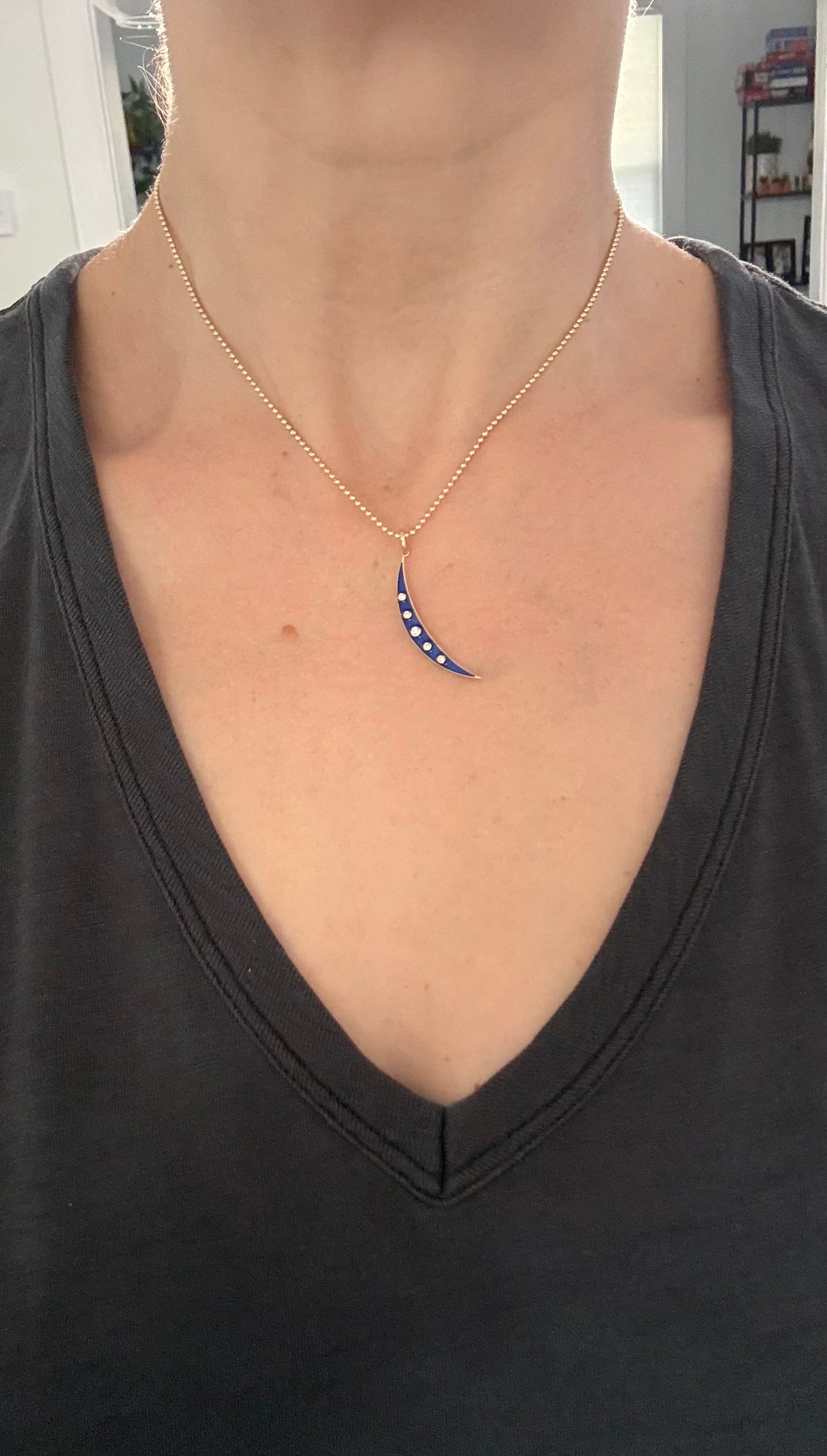 Yellow gold natural diamond and enamel crescent pendants