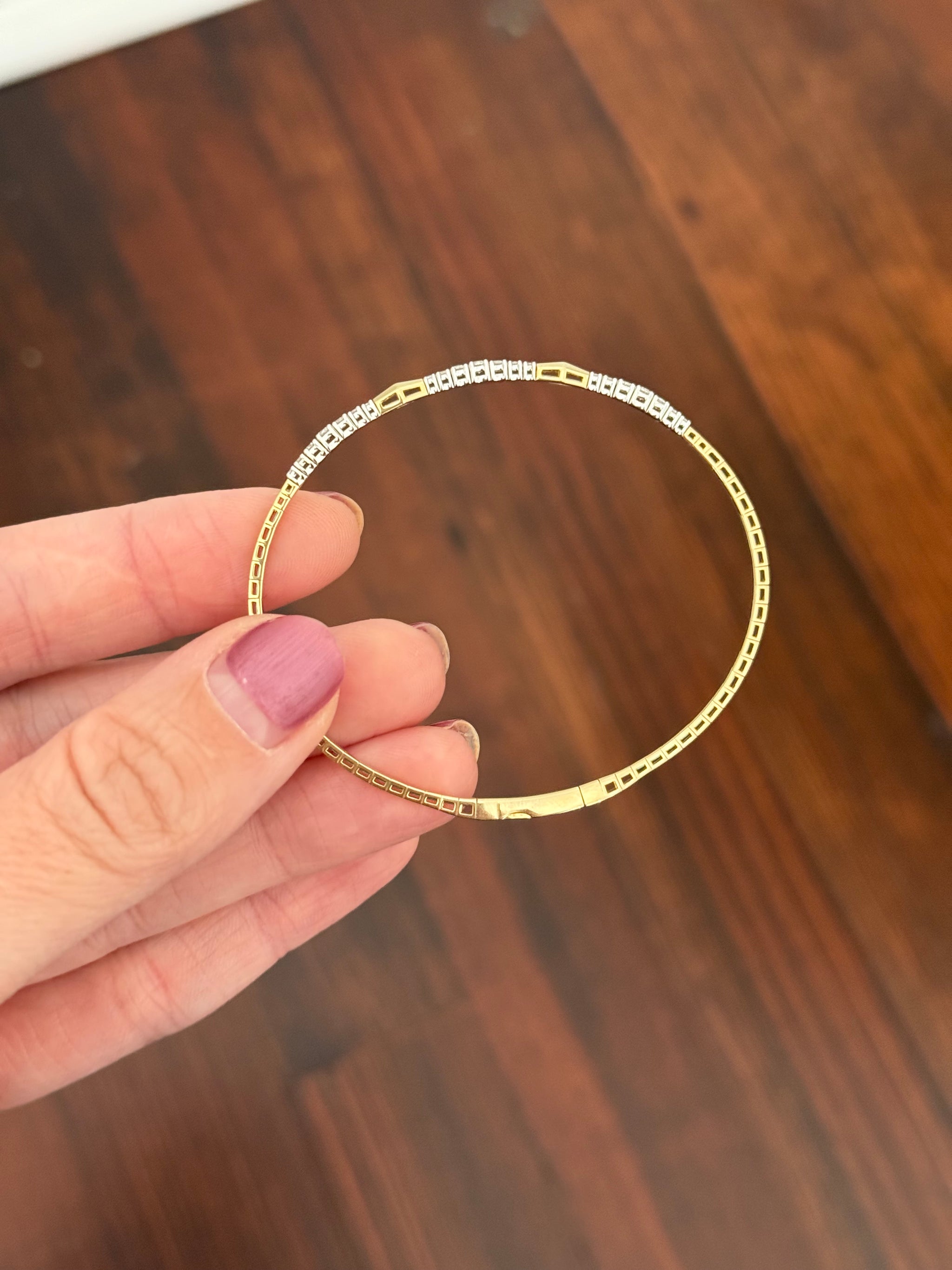 Yellow gold lab diamond flex bracelet. Lab diamonds are set in white gold.