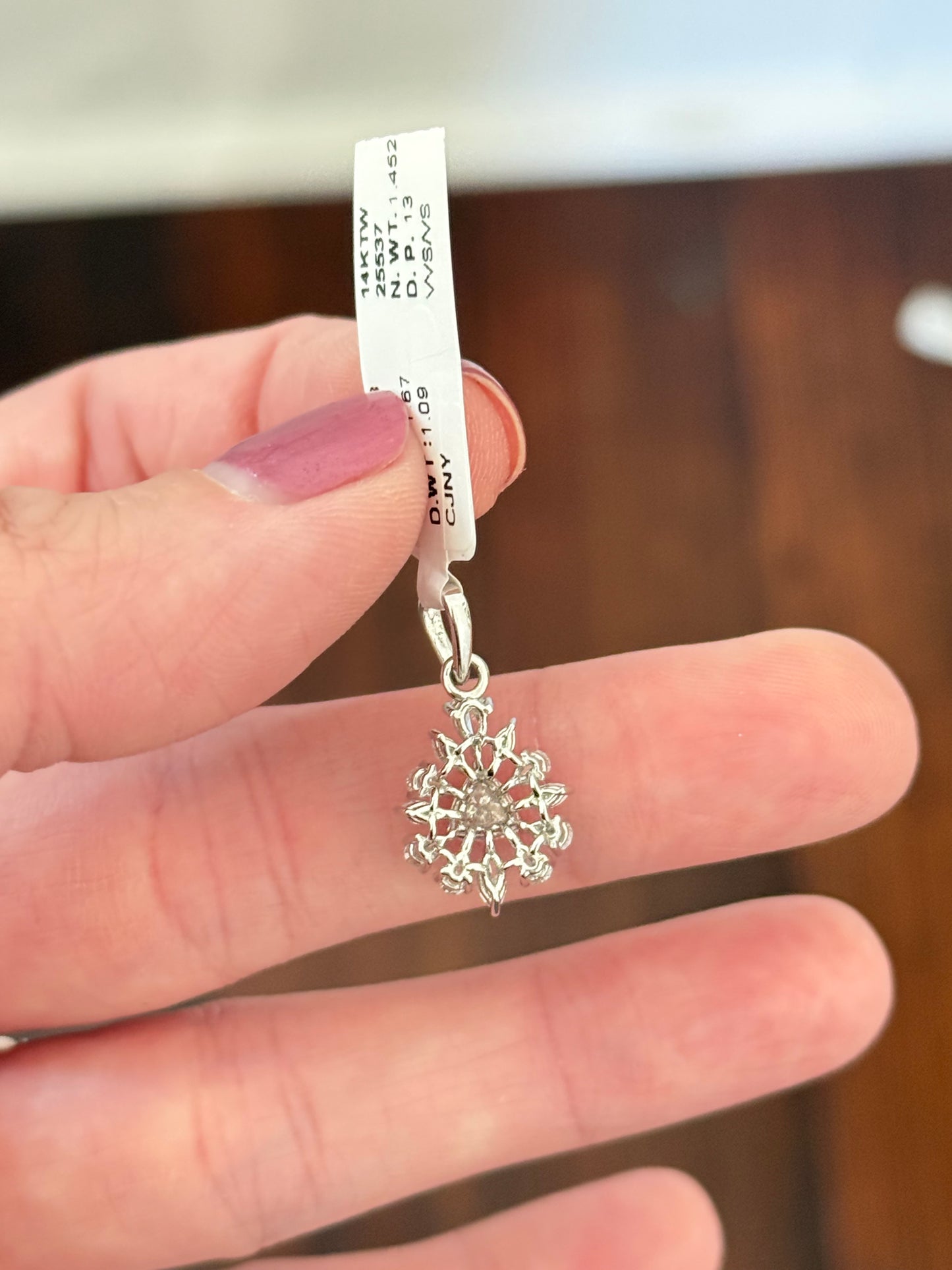 White gold trillion, pear shape and marquise lab diamond pendant. Center stone measures 5.1x5.5mm