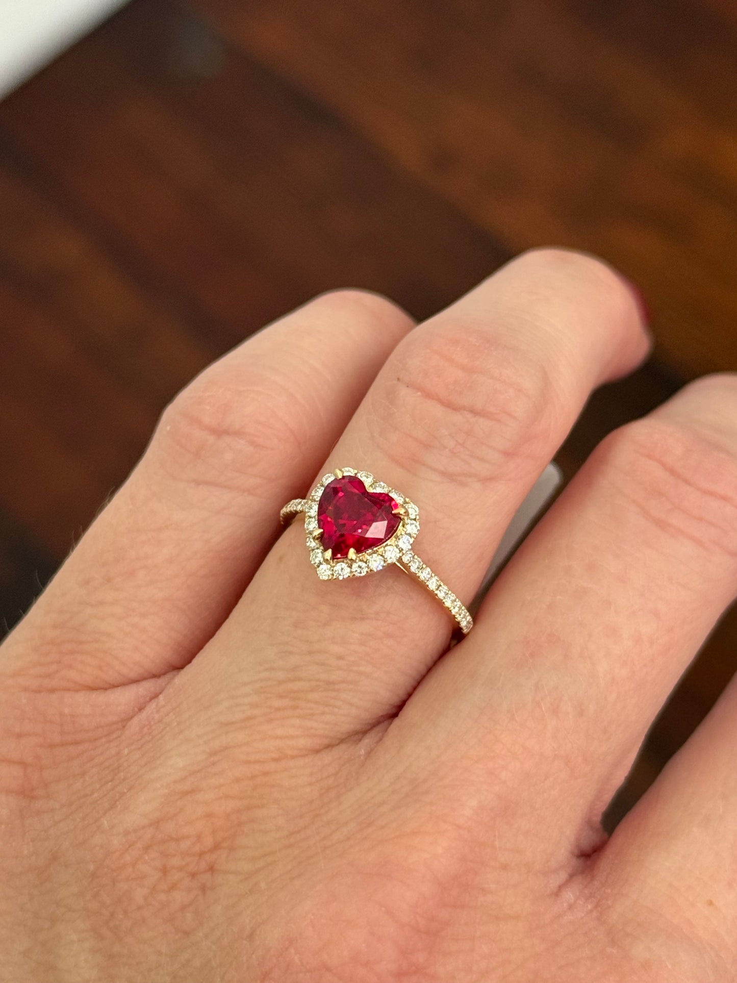 Yellow gold heart shape lab ruby and round lab diamond ring