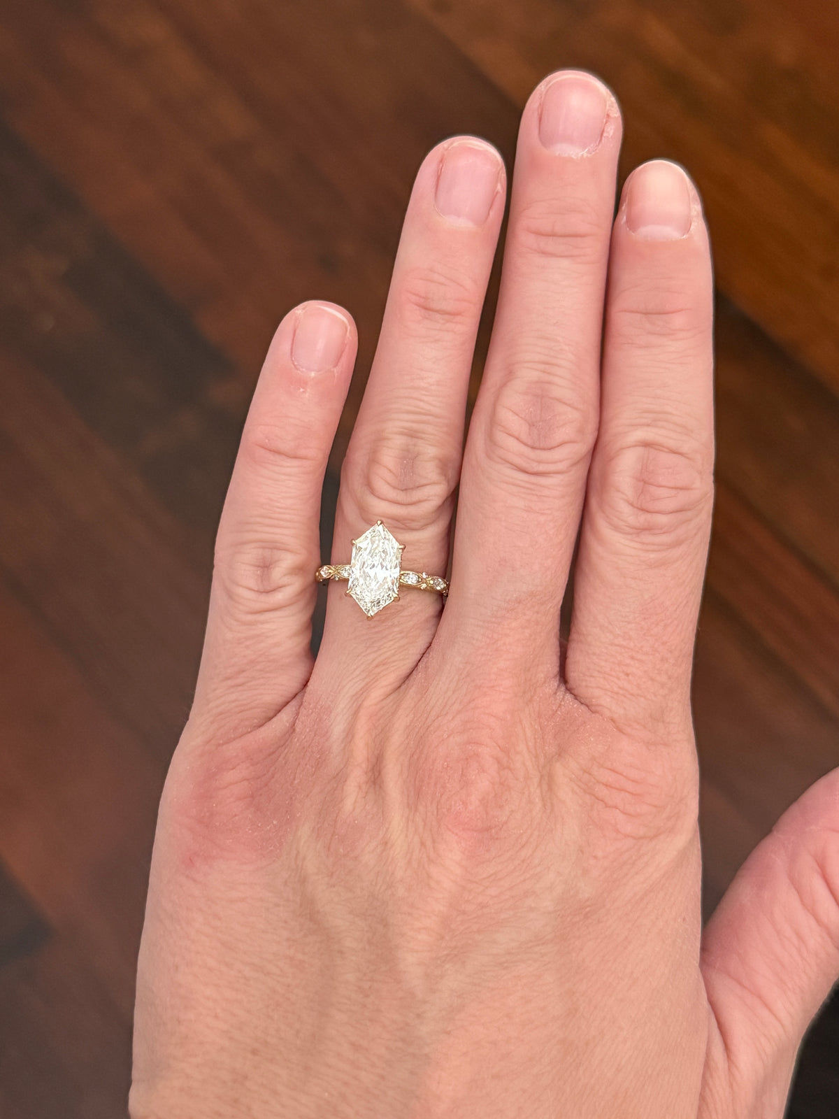 Yellow gold IGI certified 3.06ct duchess cut lab diamond and marquise and round lab diamond ring. Duchess cut measures 14.04x7.01x4.71mm