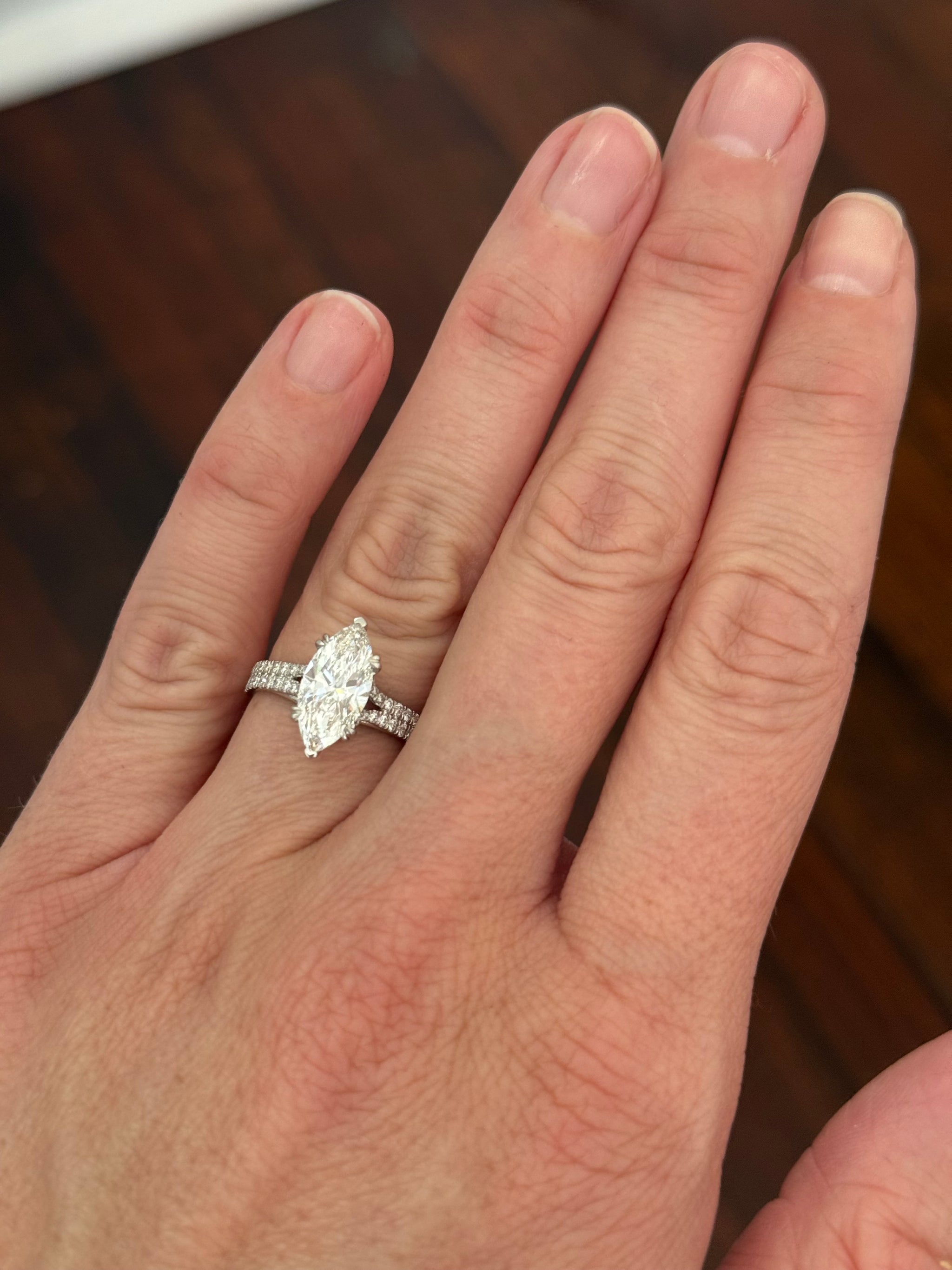 White gold marquise and round lab diamond ring