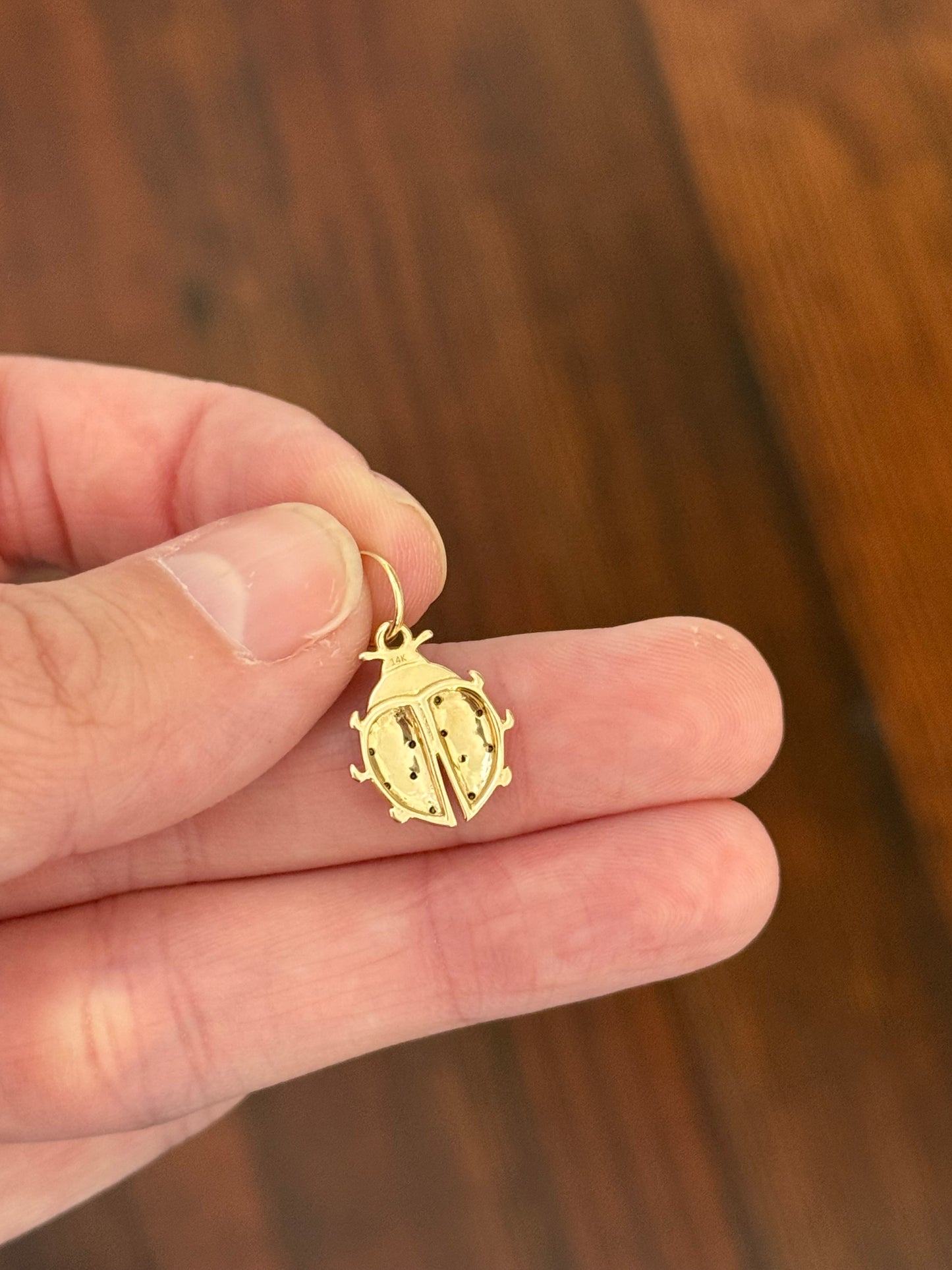 Yellow gold natural black diamond ladybug pendant