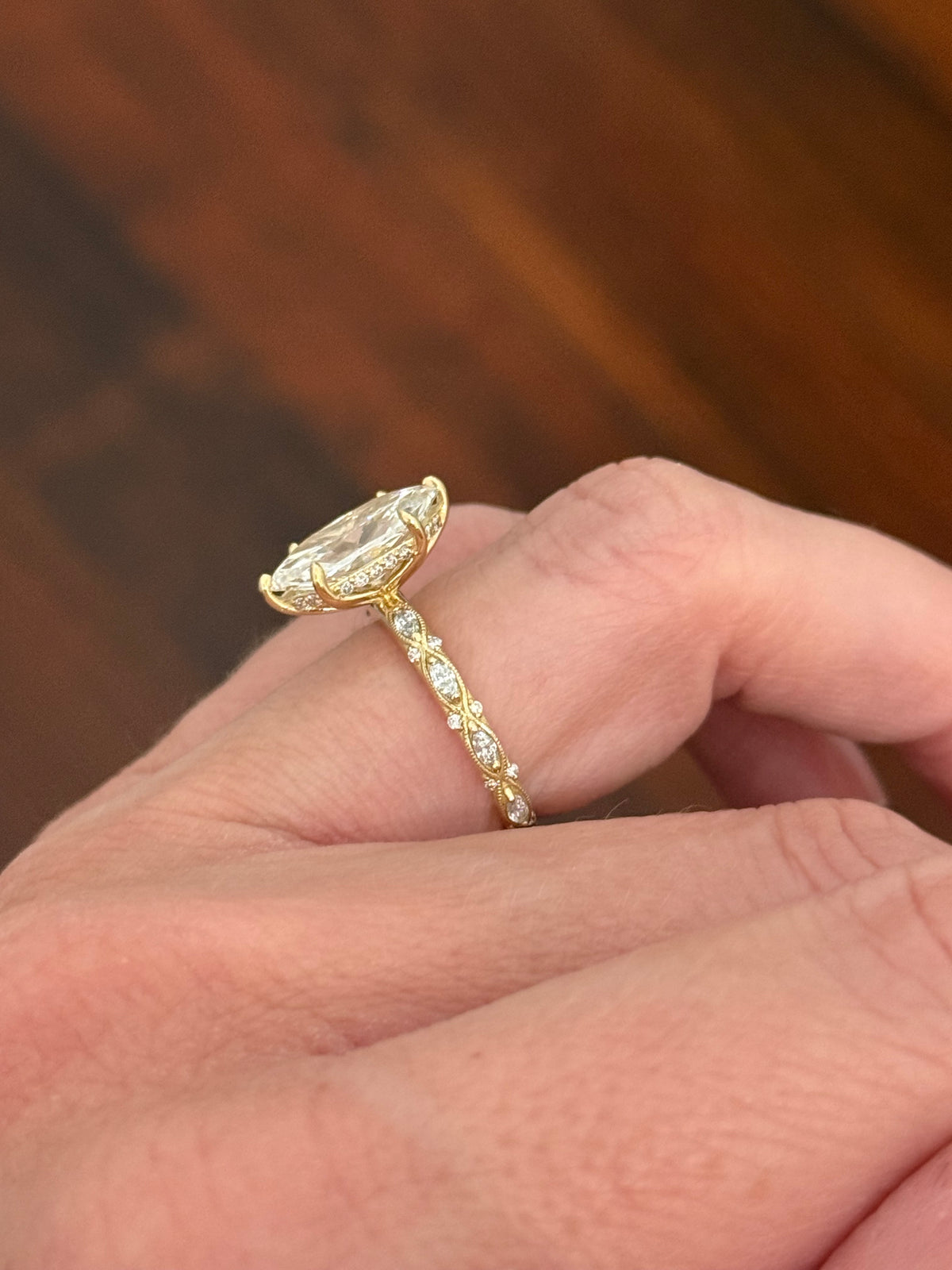 Yellow gold IGI certified 3.06ct duchess cut lab diamond and marquise and round lab diamond ring. Duchess cut measures 14.04x7.01x4.71mm