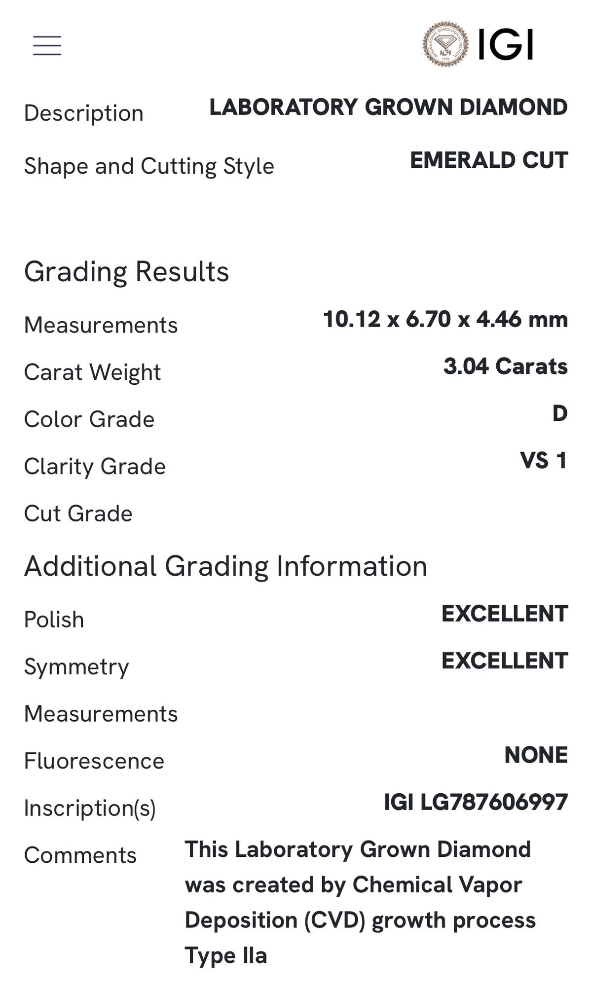 White gold IGI certified 3.04ct emerald cut lab diamond and trapezoid lab diamond ring. Emerald cut measures 10.12x6.70x4.46mm