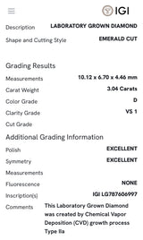 White gold IGI certified 3.04ct emerald cut lab diamond and trapezoid lab diamond ring. Emerald cut measures 10.12x6.70x4.46mm