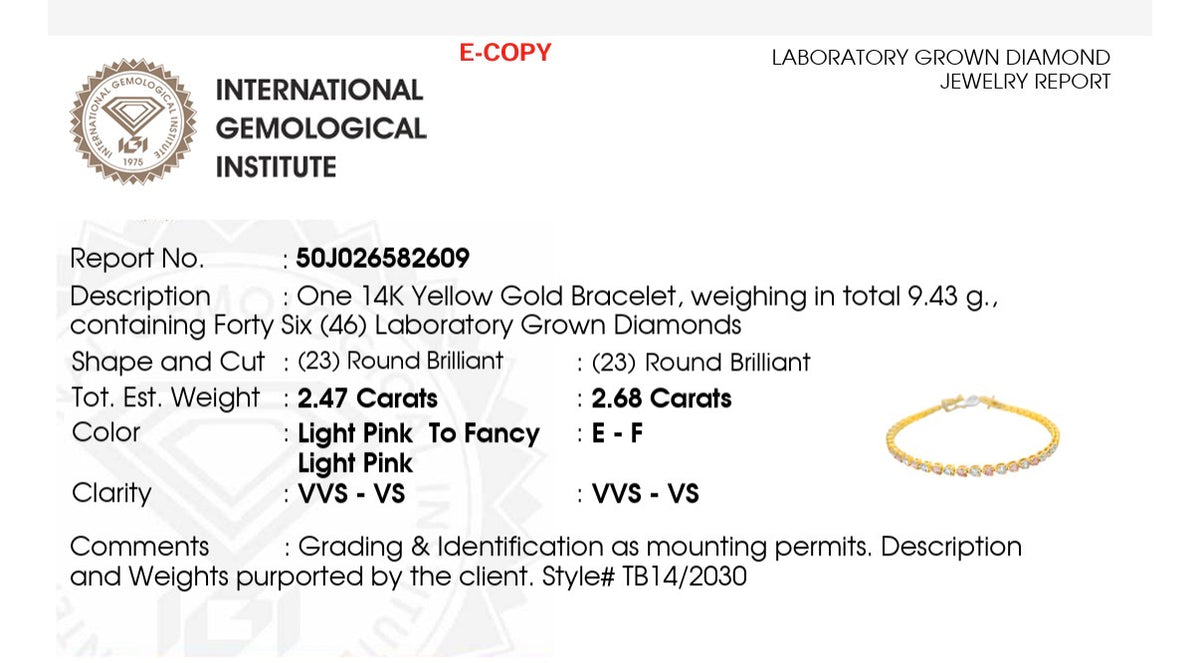 IGI certified 3 prong yellow gold 5.15ct pink and white lab diamond bracelet