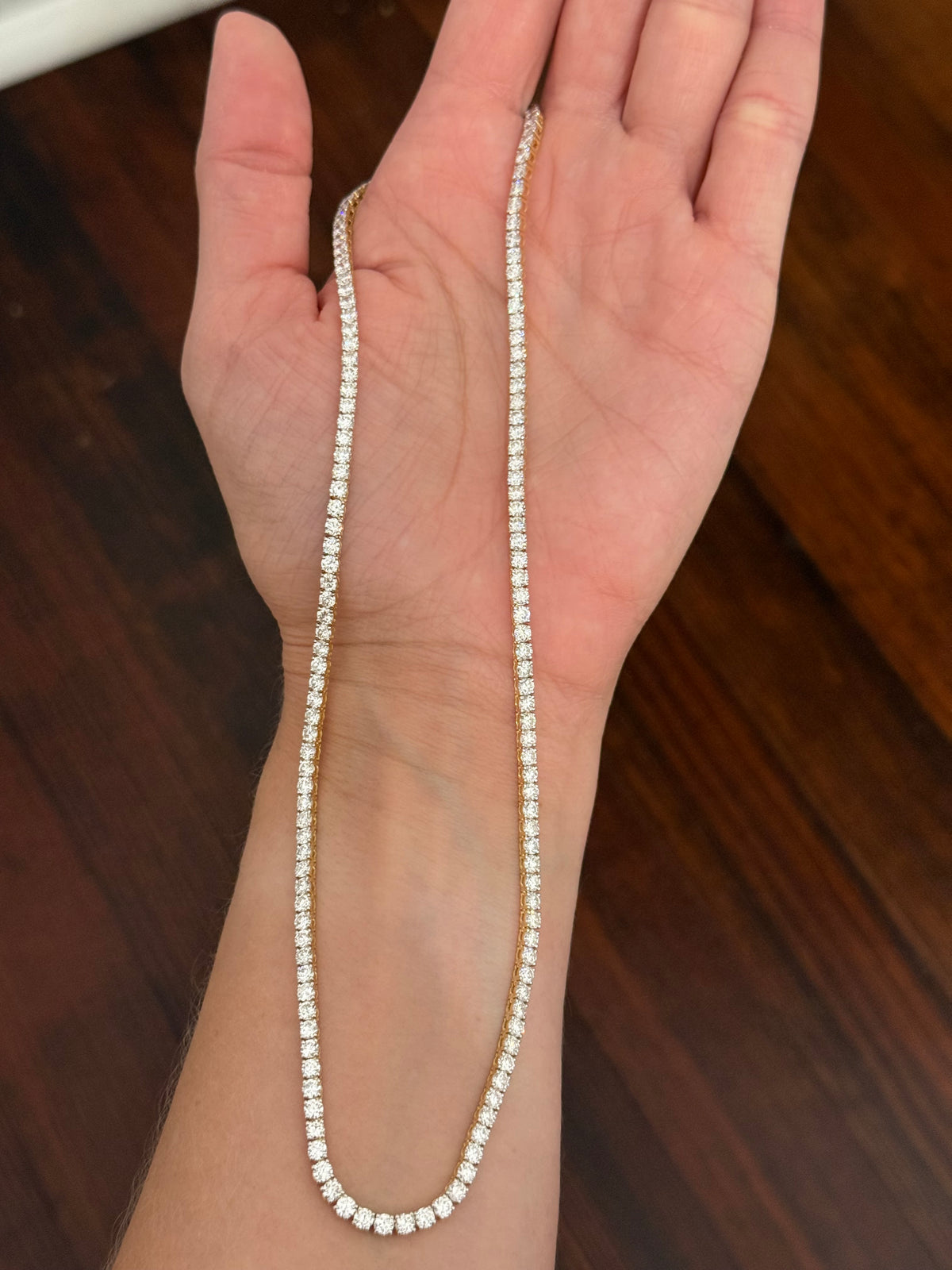 18” 4 prong yellow gold with white gold prongs 15ct lab diamond tennis necklace