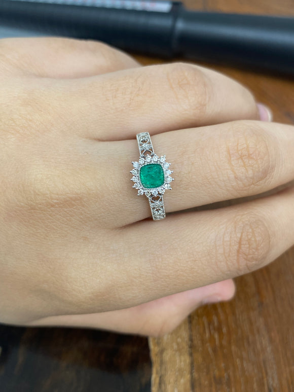 18K WhiteGold Real Natural Emerald Ring for Women