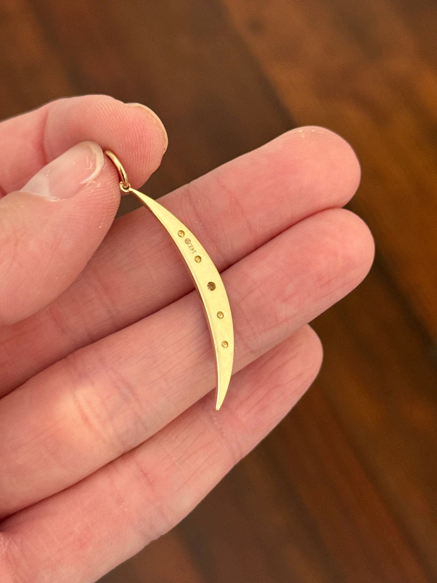 Yellow gold natural diamond and enamel crescent pendants