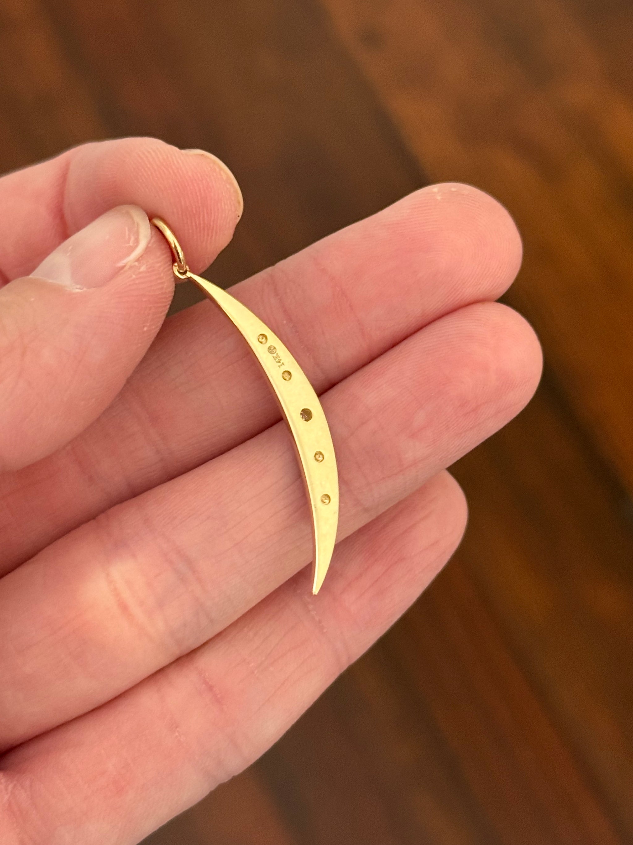 Yellow gold natural diamond and enamel crescent pendants