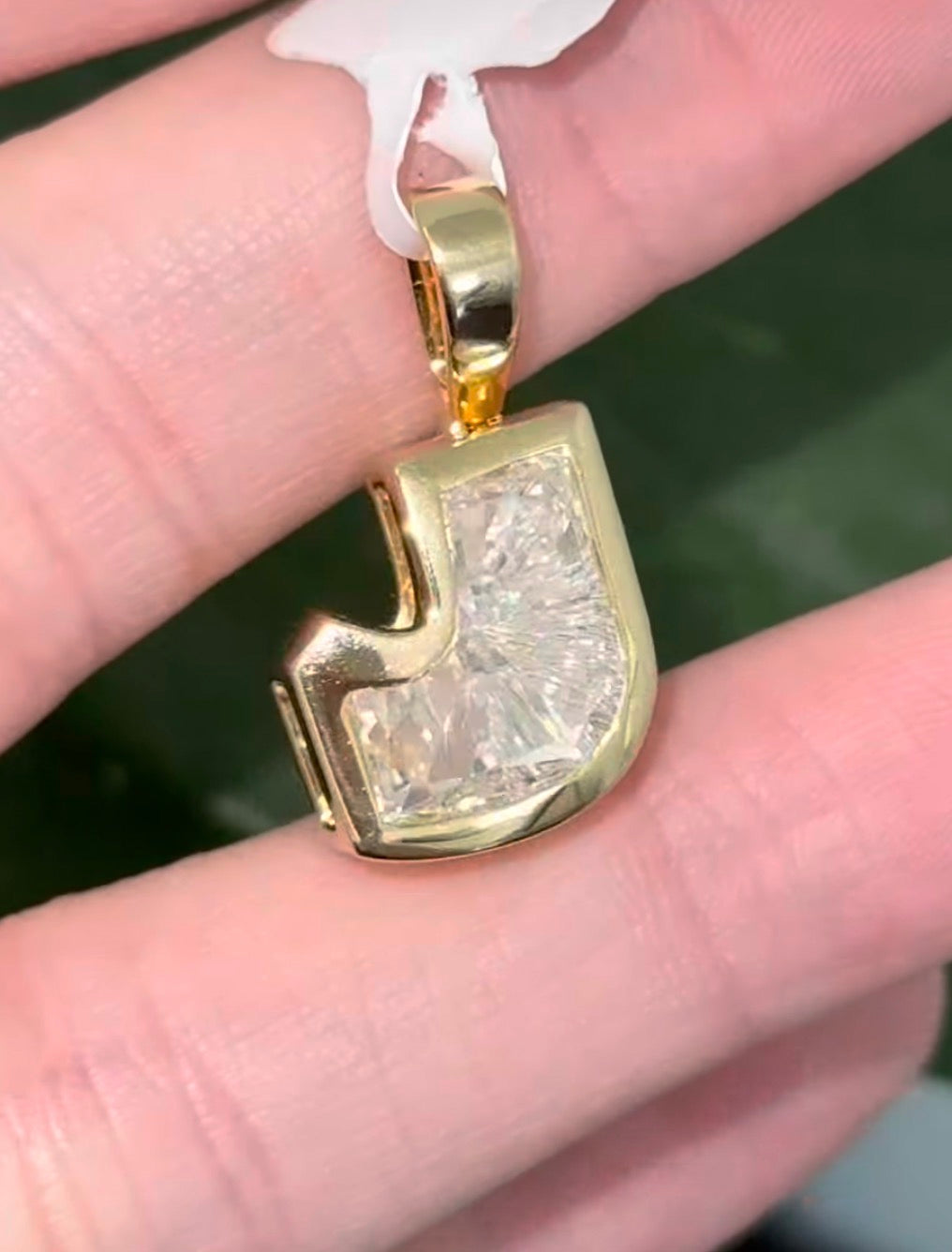 Yellow gold J shaped lab diamond pendant