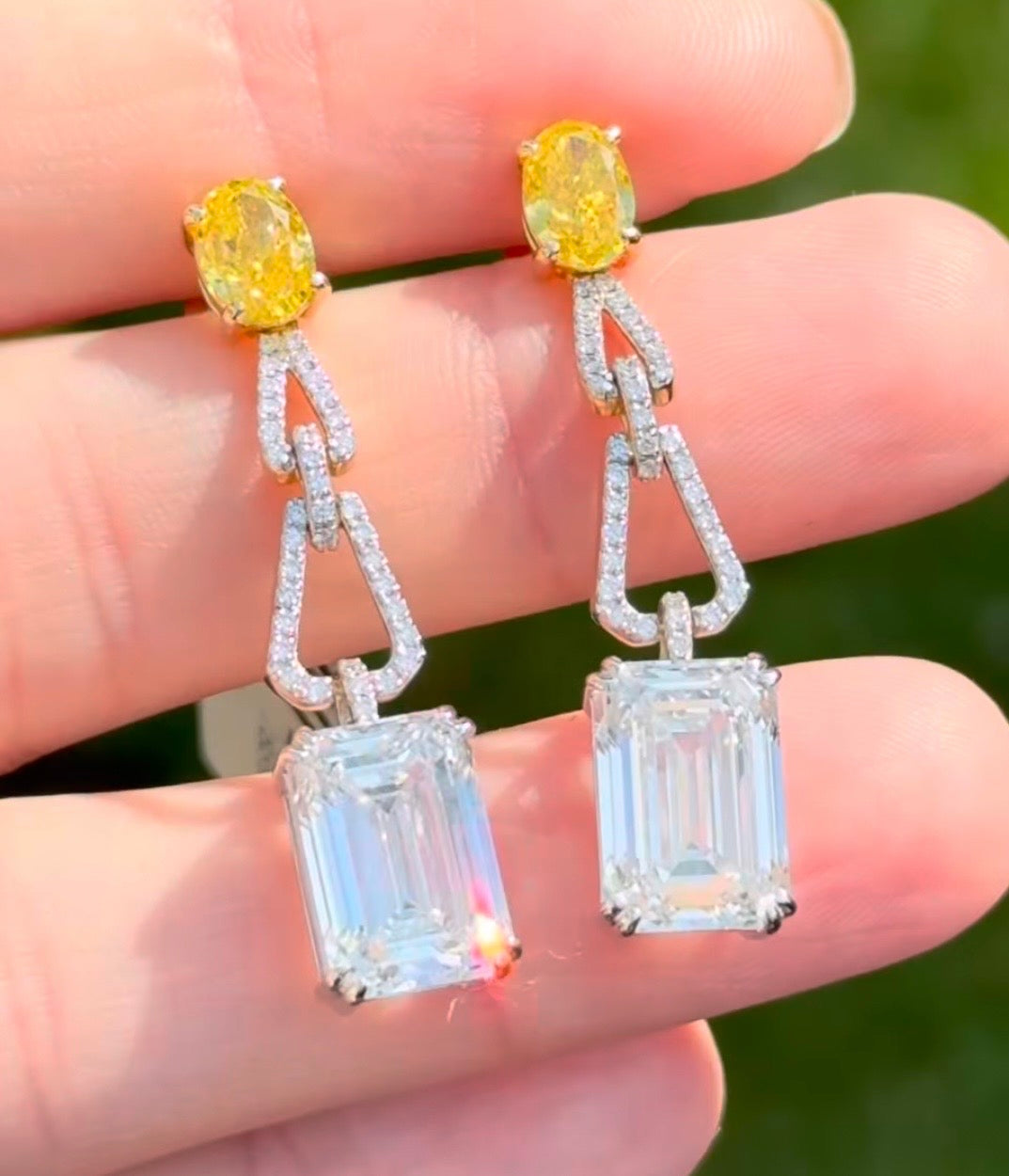 White and yellow gold oval yellow lab diamond and emerald cut and round white lab diamond dangle earrings