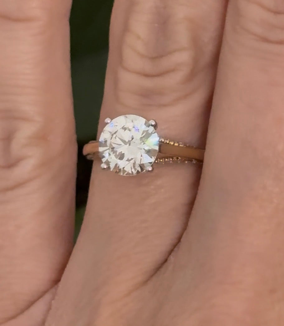 Yellow gold lab diamond ring. Lab diamonds are set in white gold.