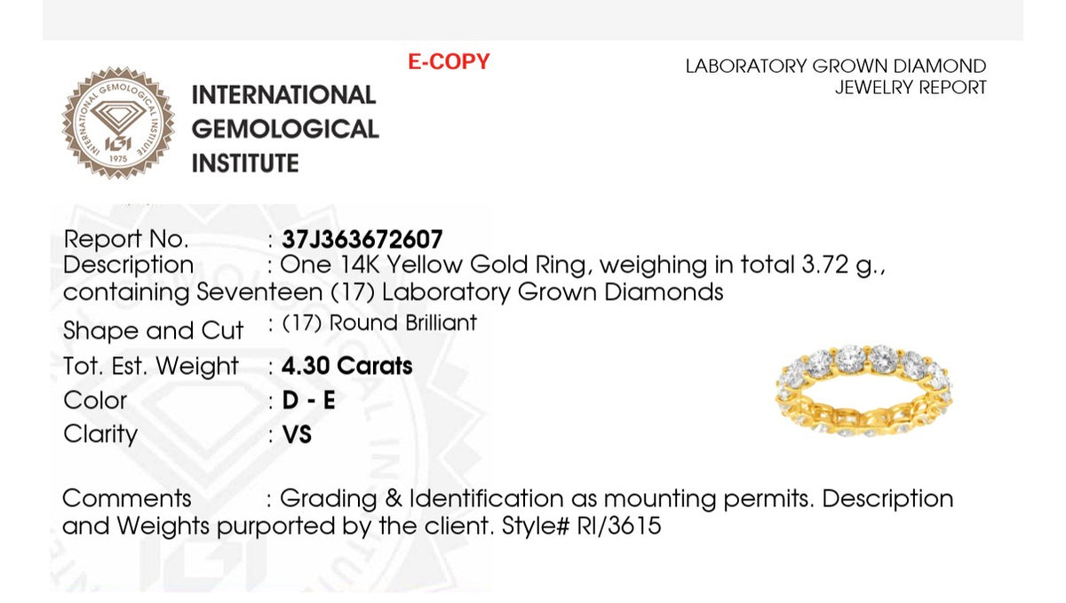 IGI certified 4.3ct lab diamond eternity band
