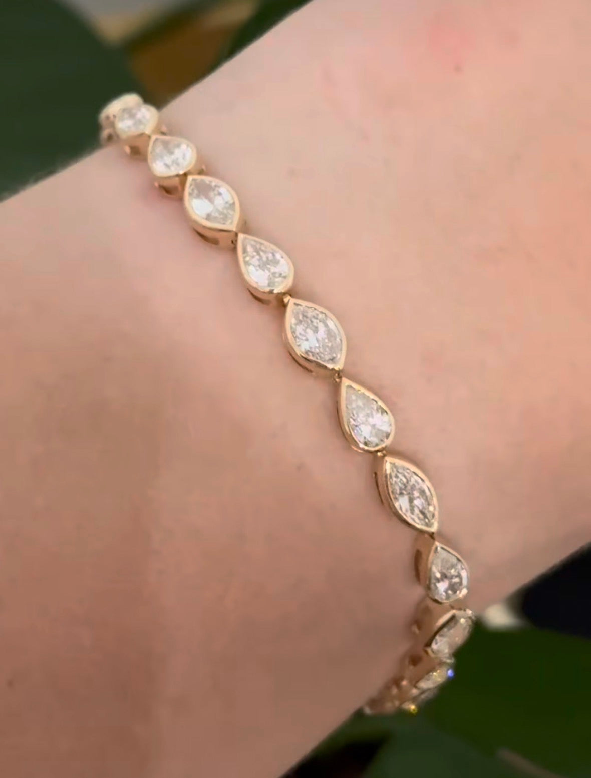 Yellow gold bezel set 6.4ct marquise and pear shape natural diamond bracelet