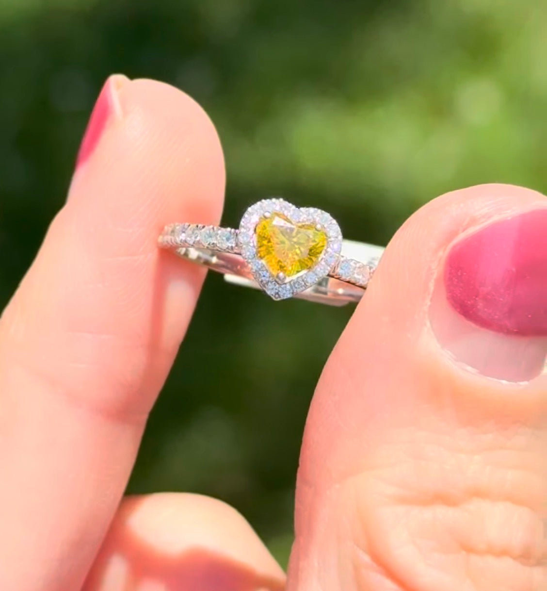 White gold heart shape yellow lab diamond and white lab diamond ring