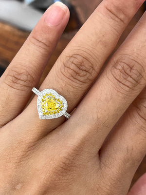 *Premade* 1.60 cttw Fancy Yellow Heart Double Halo Ring Lab with 3/4 Lab Diamonds Shank