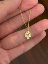 Yellow gold pear shaped lab diamond necklace. Center stone is 1.05cts and measures 8.6x5.4mm. Chain is 16” with an adjustment of 4” to make as long as 20”.