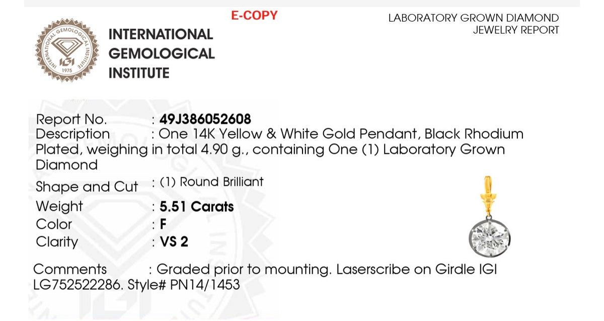 IGI certified 5.51ct lab diamond pendant