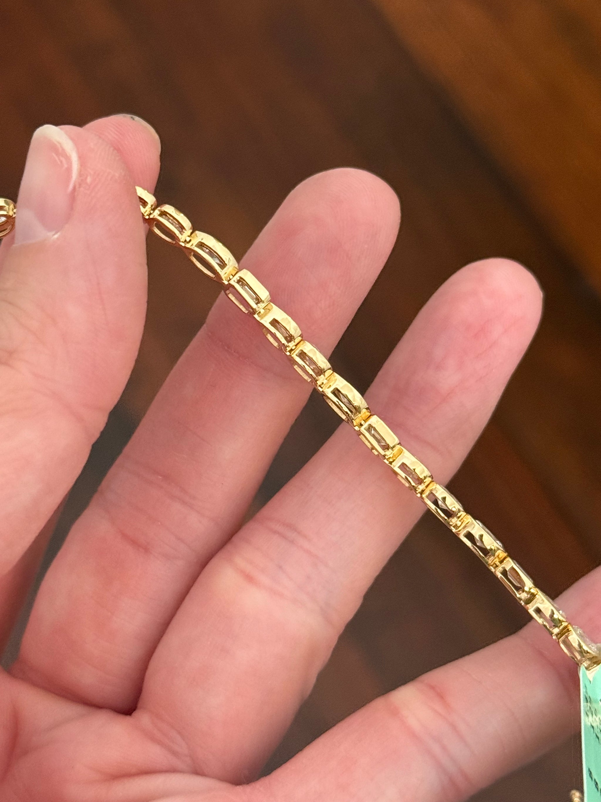 Yellow gold bezel set 5.22ct oval, marquise, pear shape and emerald cut natural diamond bracelet