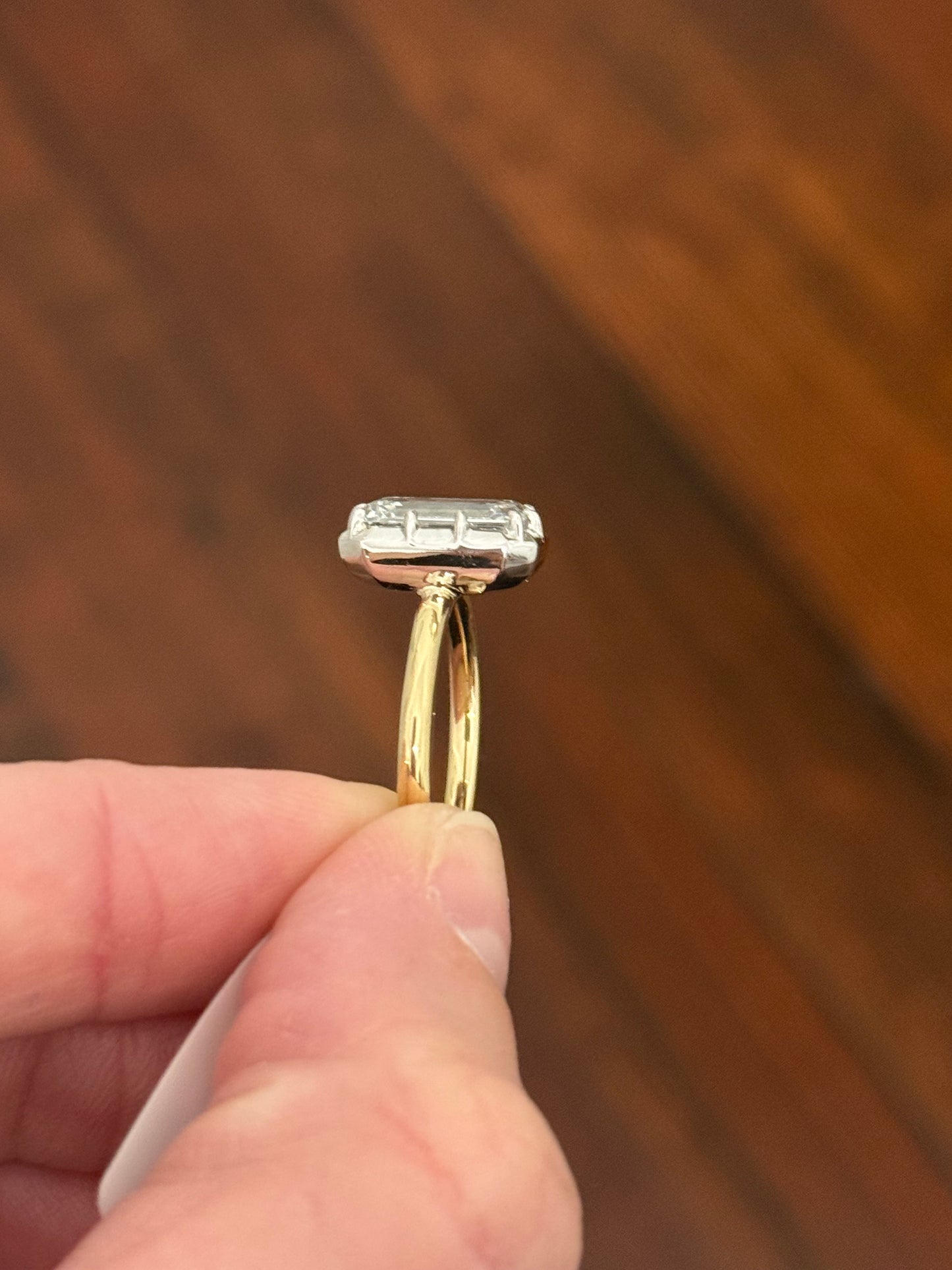 Georgian set IGI certified 4.11ct emerald cut lab diamond ring. Lab diamond is set in white gold and band is yellow gold