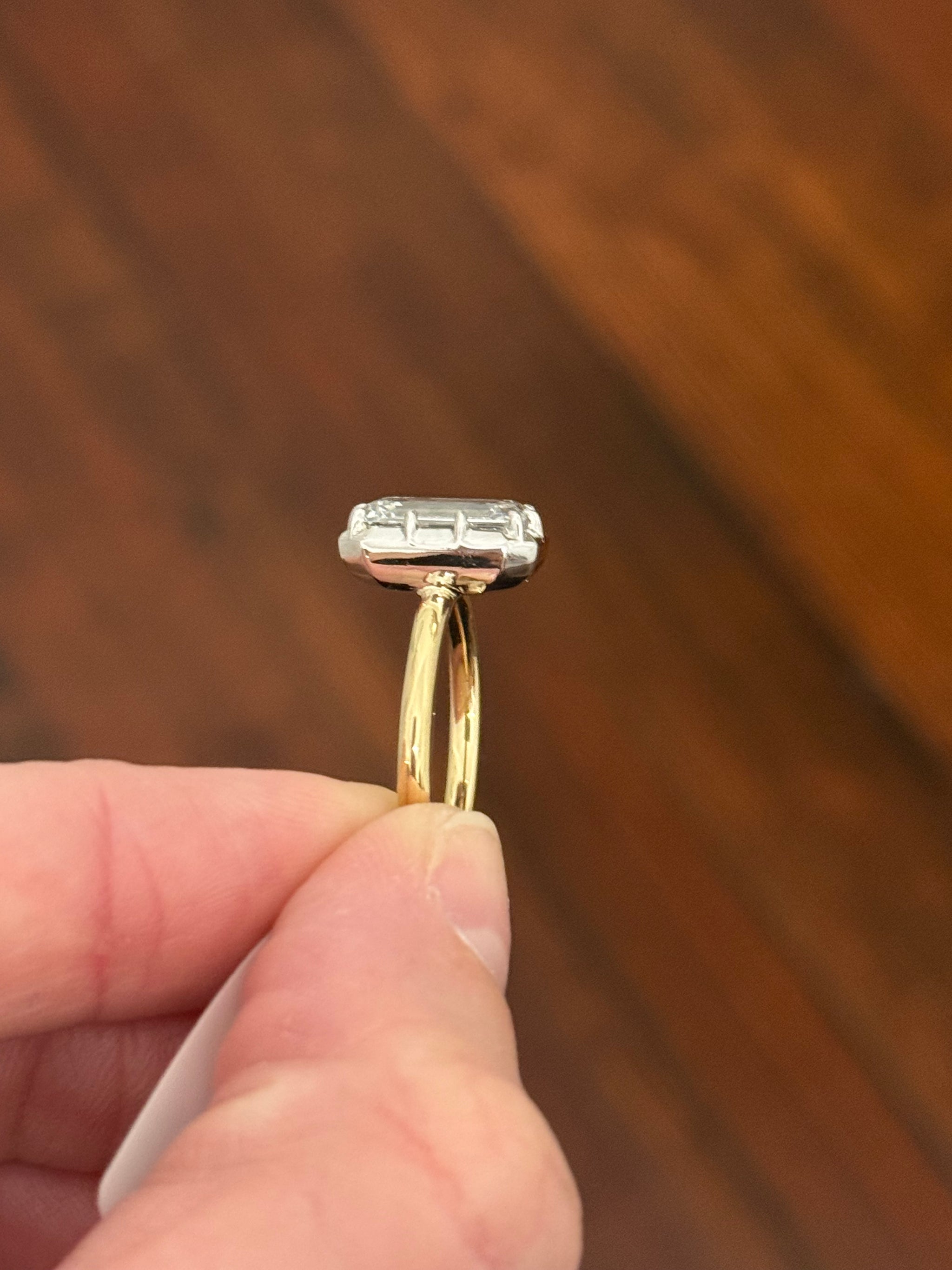 Georgian set IGI certified 4.11ct emerald cut lab diamond ring. Lab diamond is set in white gold and band is yellow gold