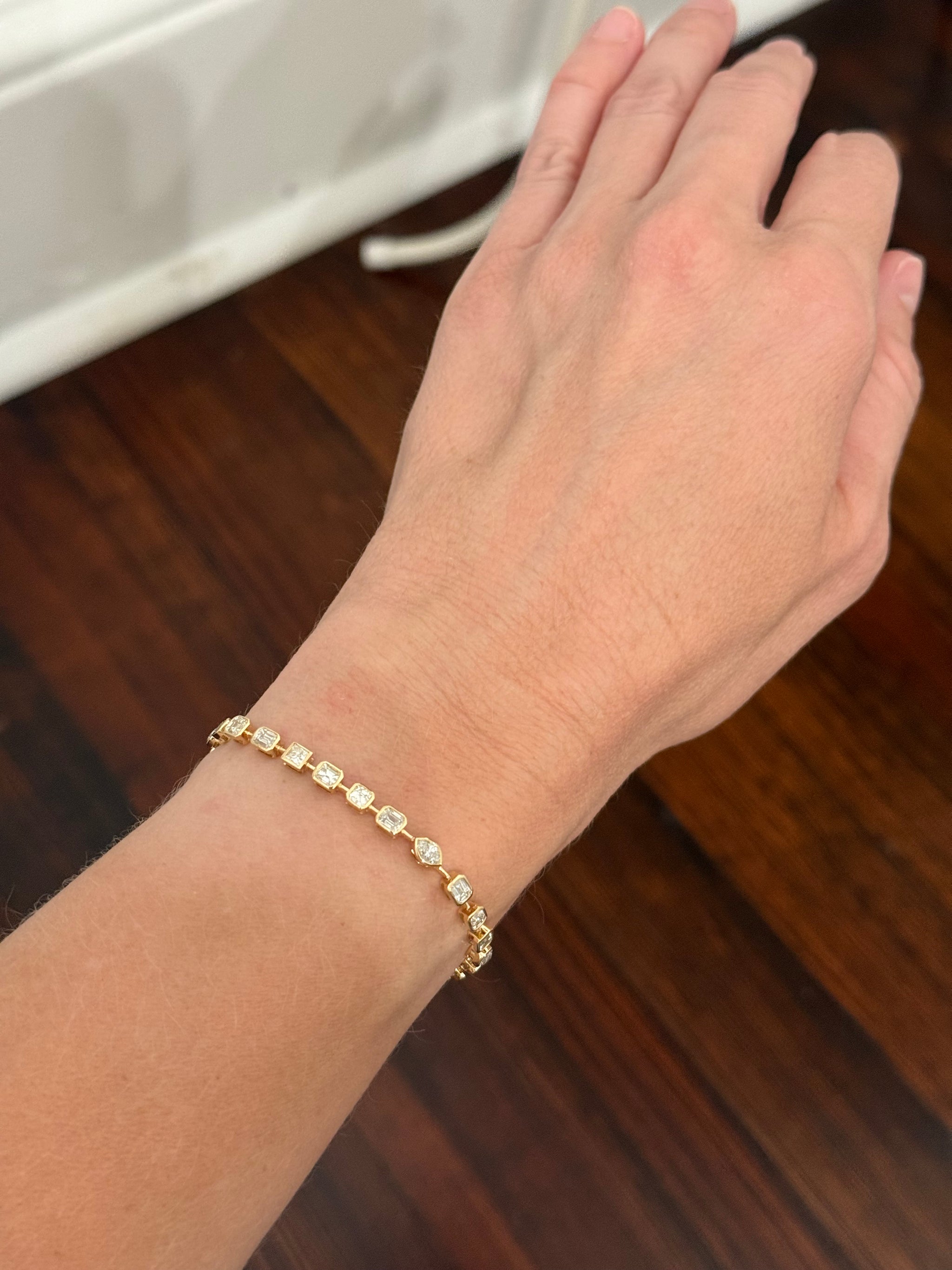 Yellow gold bezel set 4.75ct asscher, oval, marquise, princess and emerald cut natural diamond bracelet