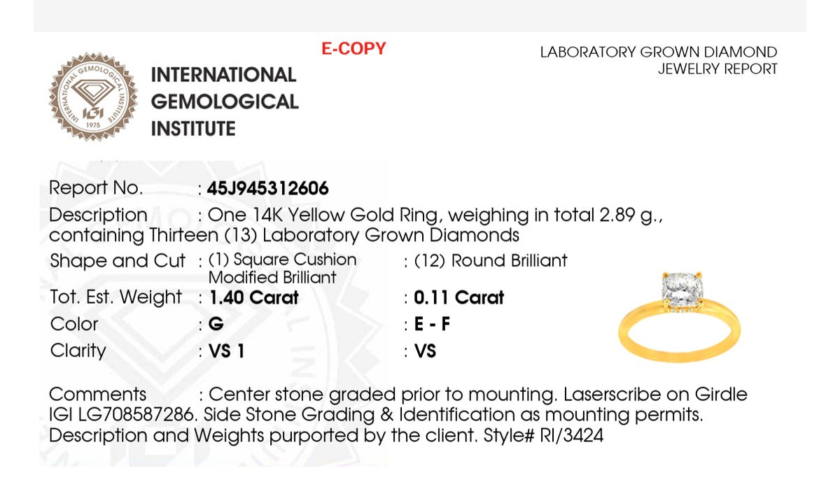 IGI certified cushion cut lab diamond ring. Center stone is 1.4cts