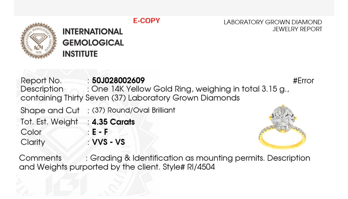 IGI certified yellow gold oval and round lab diamond ring. Center stone is 3.82cts