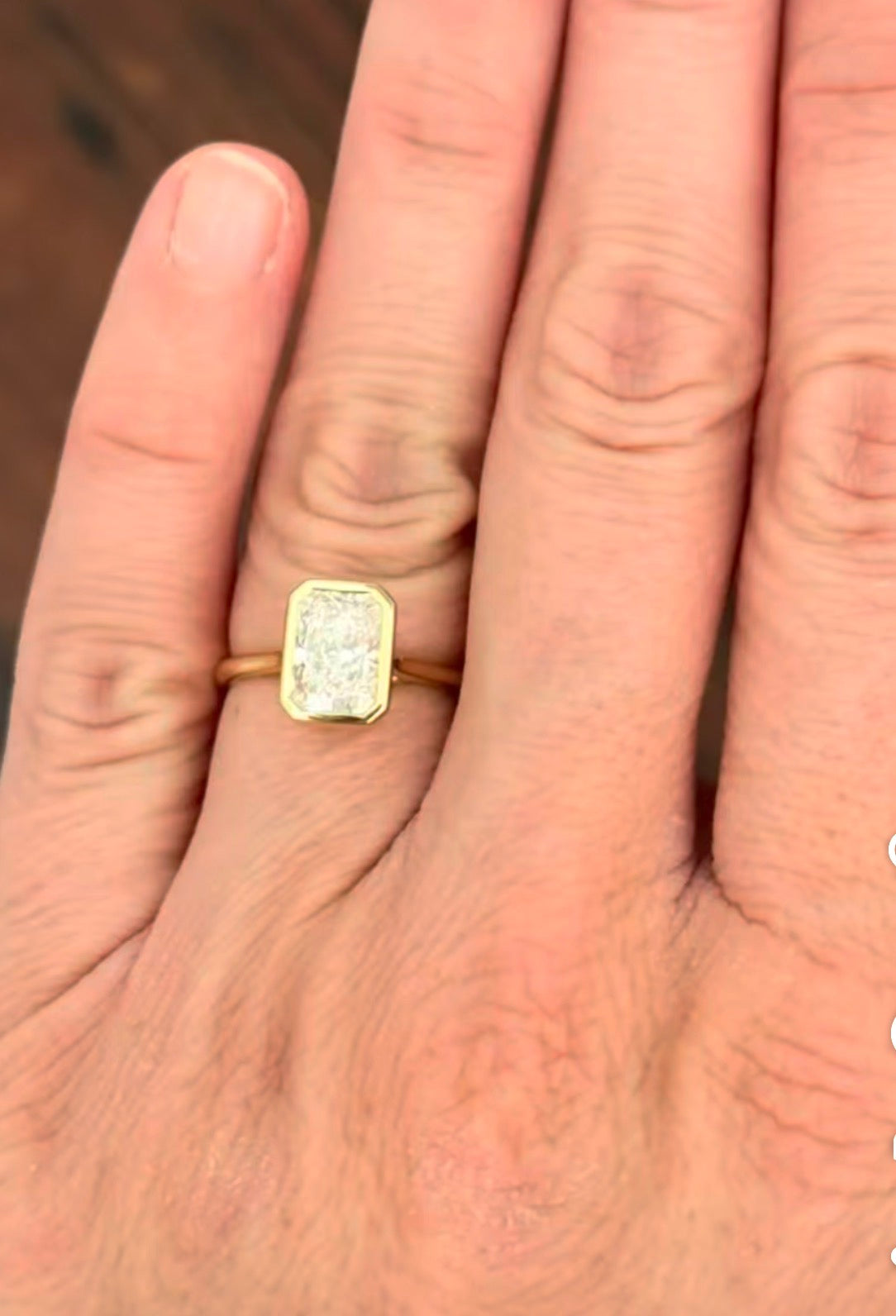 Yellow gold bezel set 2.99ct radiant lab diamond ring