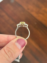 White gold radiant yellow lab diamond and trillion cut white lab diamond ring