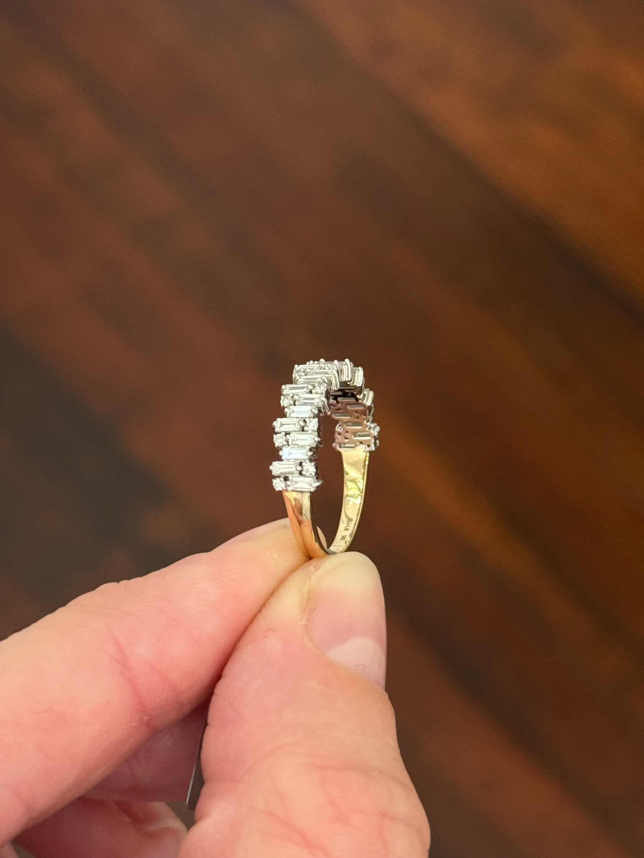 Yellow and white gold baguette and round lab diamond band