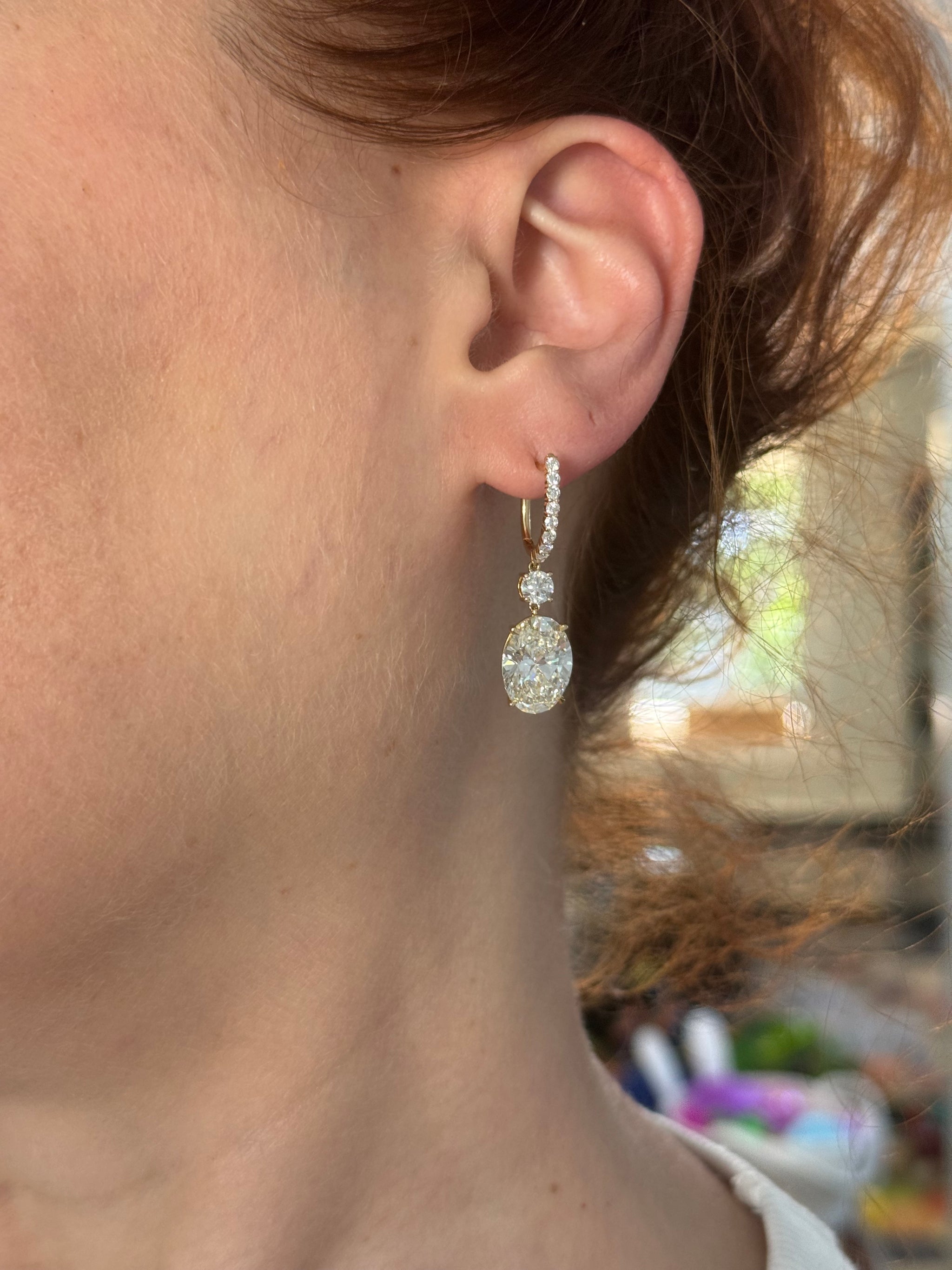 Yellow gold oval and round lab diamond latch back dangle earrings