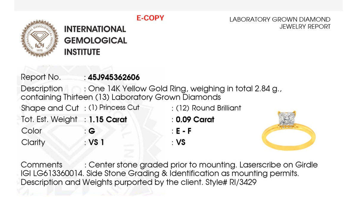 IGI certified princess cut lab diamond ring. Center stone is 1.15cts