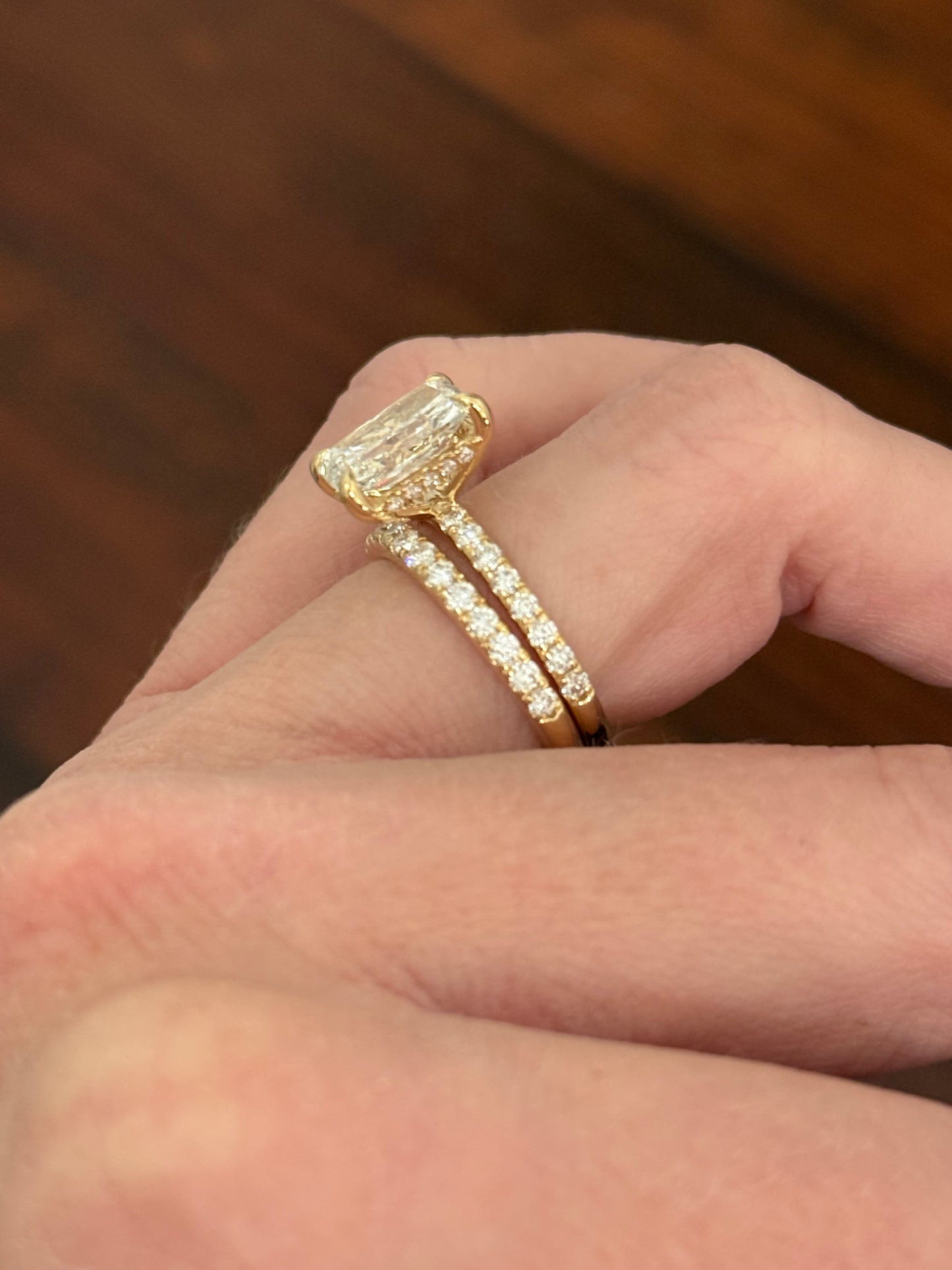 Yellow gold radiant lab diamond ring. Center stone is IGI certified and 3.0cts E VS1