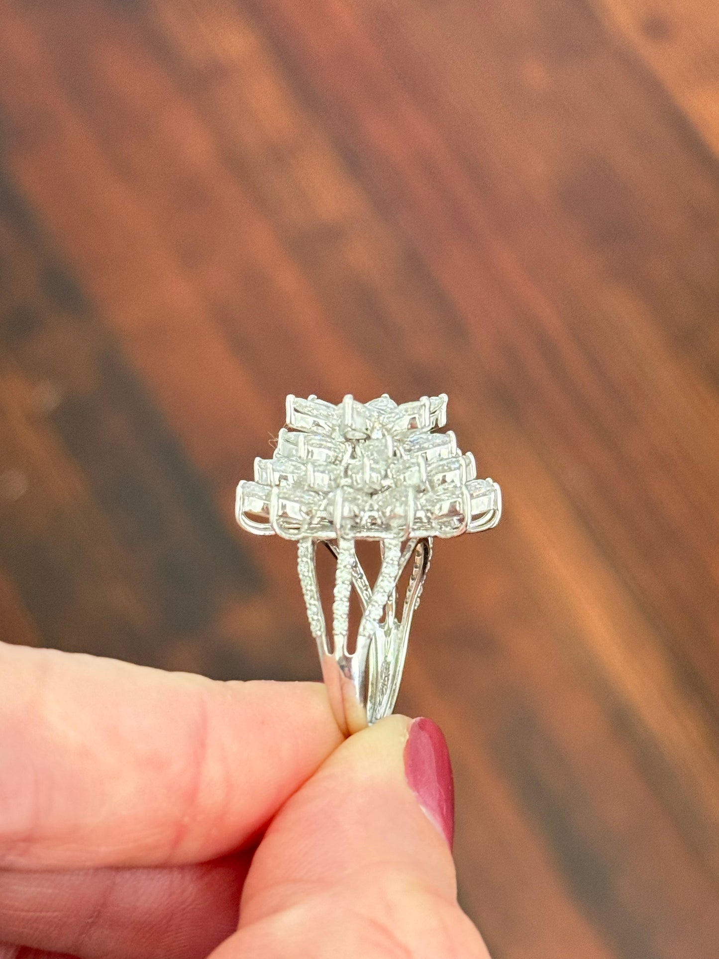 White gold flower ring with rose cut lab diamonds