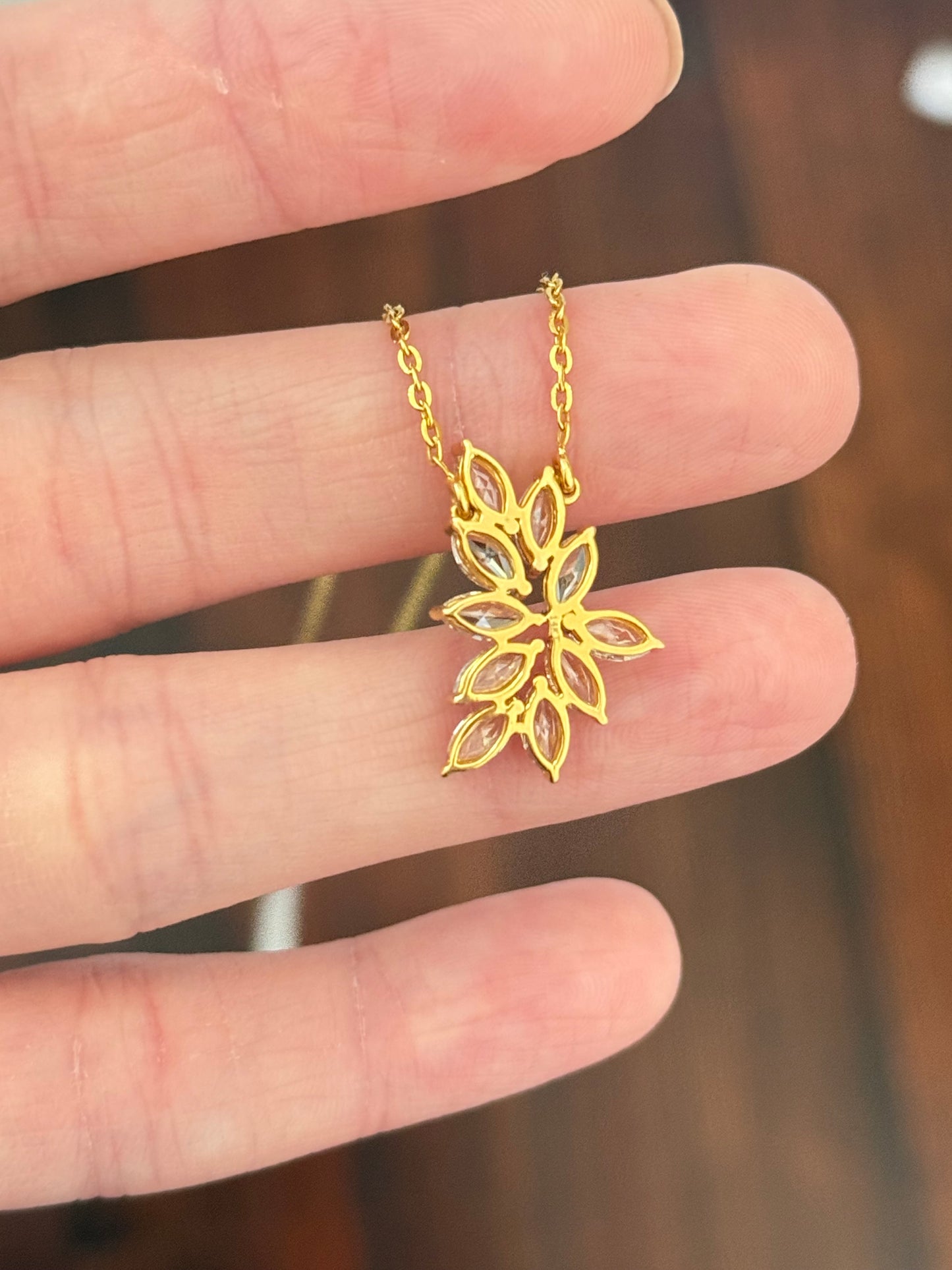 Yellow gold with white gold prongs rose cut marquise lab diamond necklace