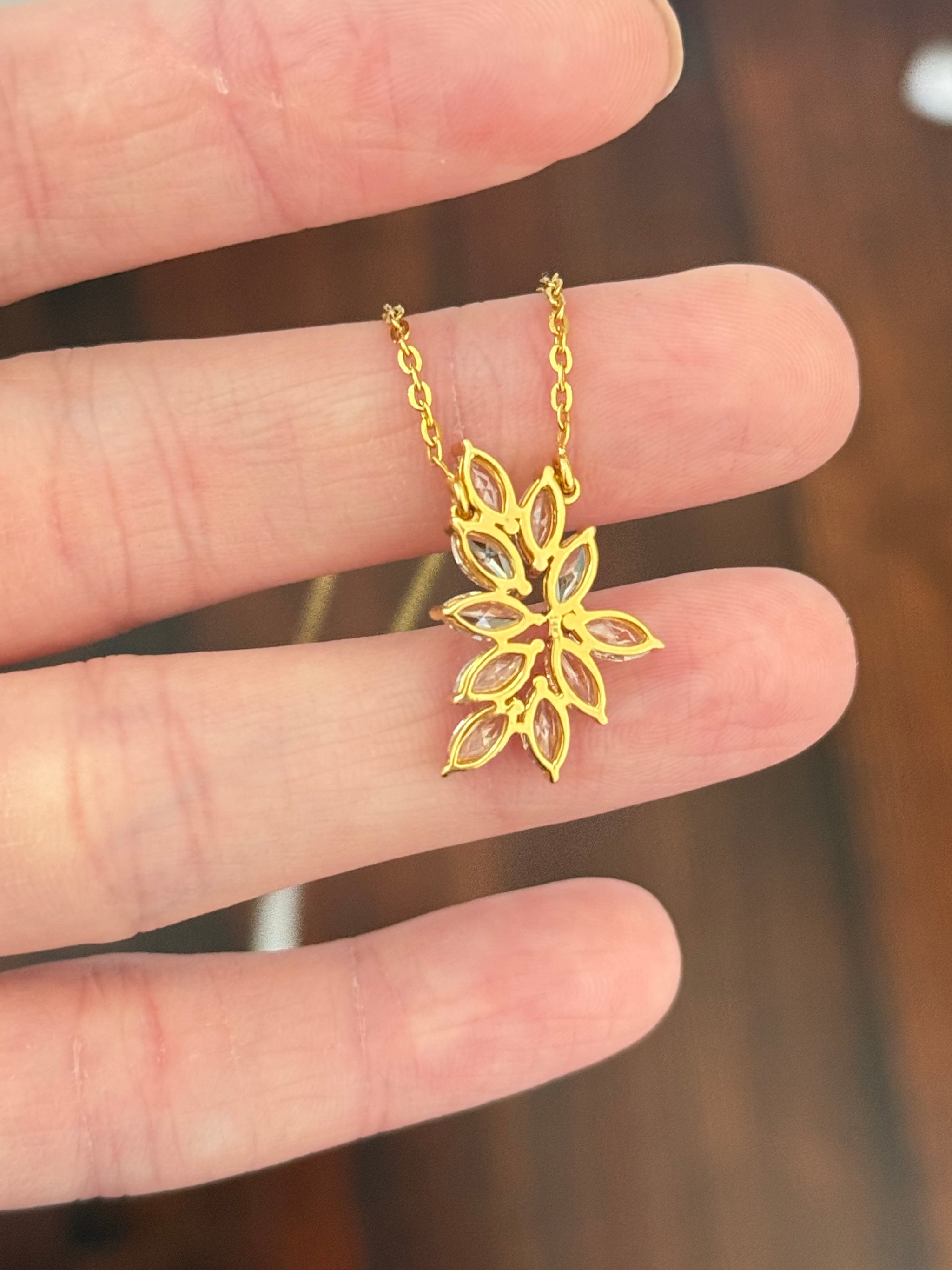 Yellow gold with white gold prongs rose cut marquise lab diamond necklace