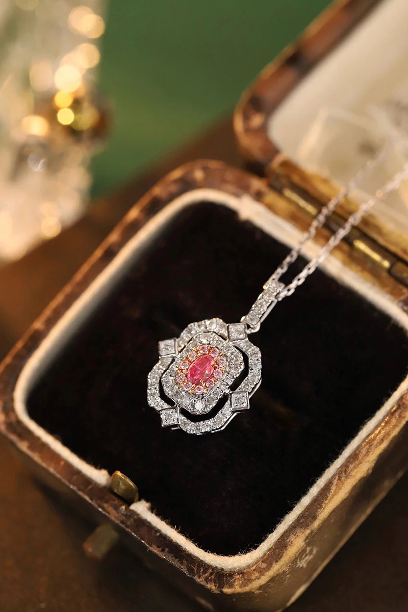 18K White Gold Real Natural Pink Diamond Pendant Necklace for Women