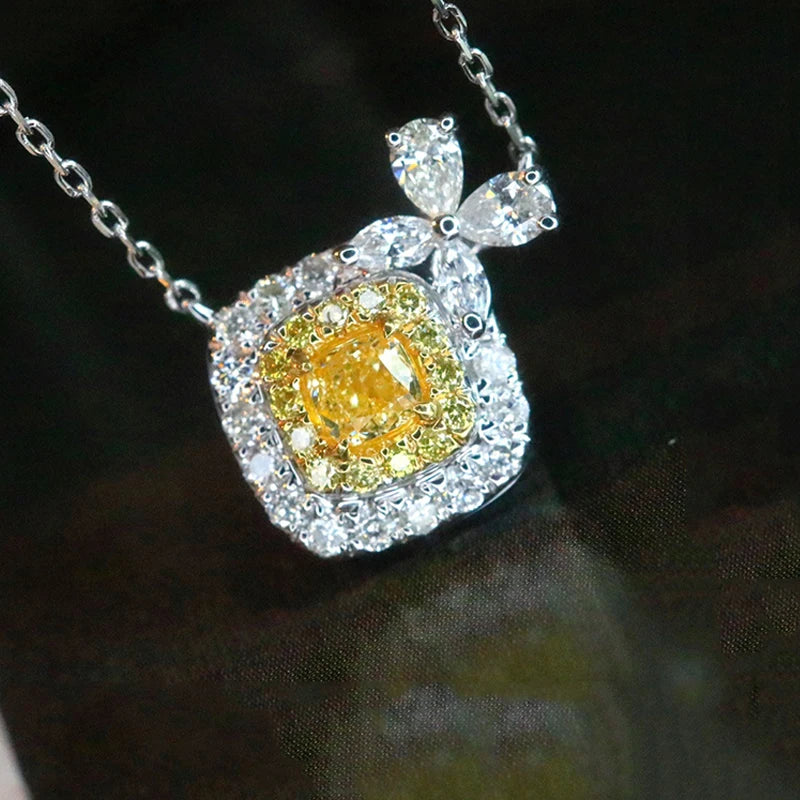 18K White Gold Real Natural Yellow Diamond Pendant Necklace for Women