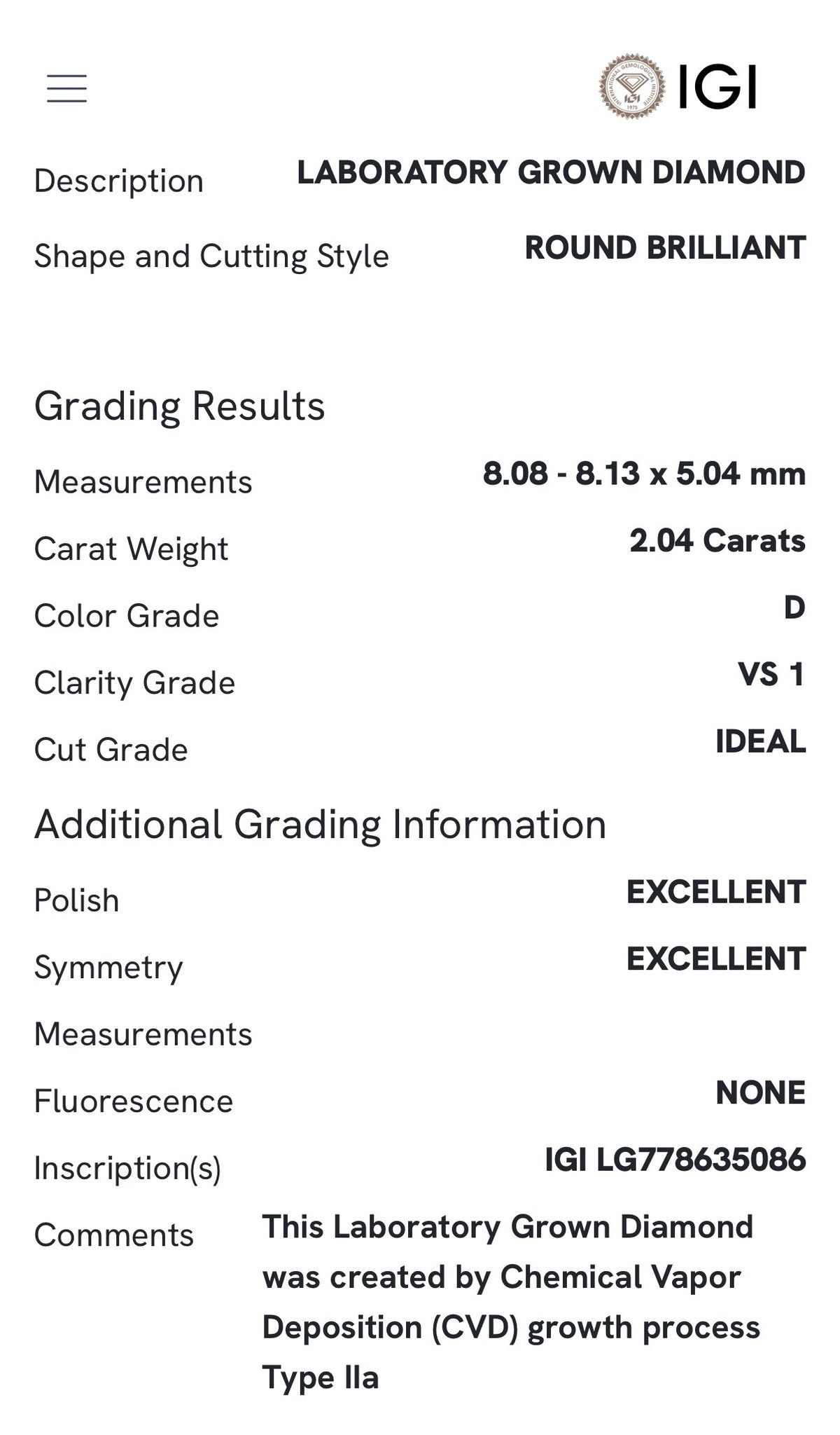 White gold IGI certified 2.04ct round lab diamond and tapered baguette lab diamond ring. Round measures 8.08x5.04mm