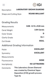 White gold IGI certified 2.04ct round lab diamond and tapered baguette lab diamond ring. Round measures 8.08x5.04mm