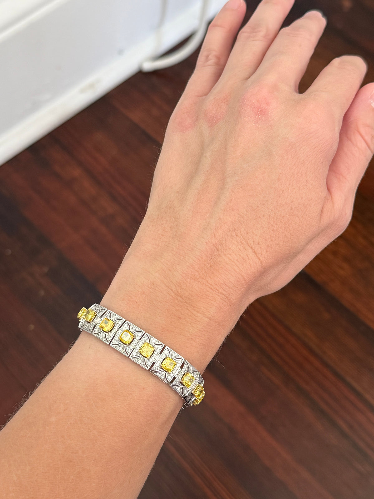 White gold 17.1ct cushion yellow lab diamond and round white lab diamond bracelet