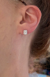 White gold 1.21ct emerald cut and halo lab diamond stud earrings with screw back
