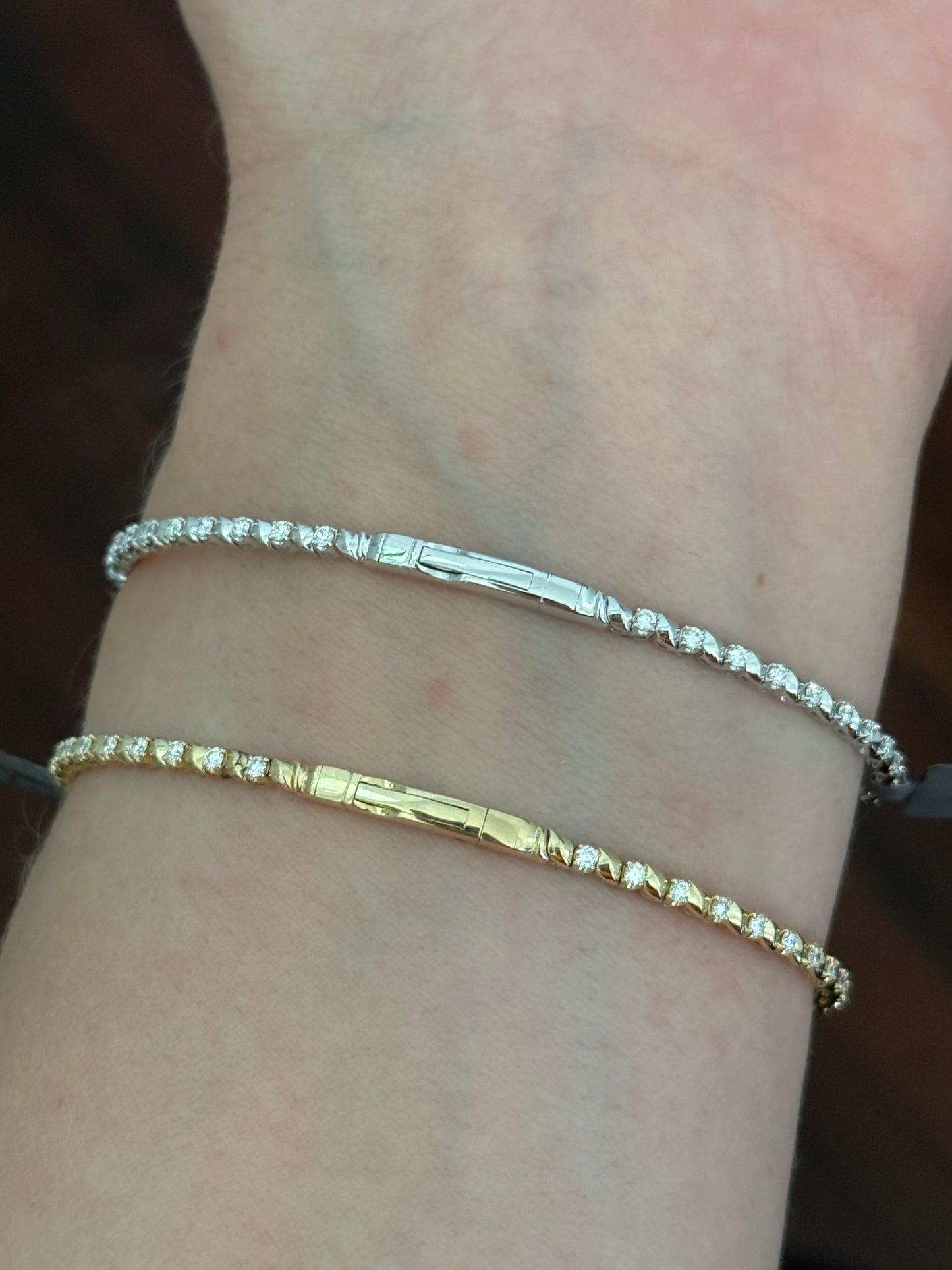 Lab diamond clover flex bracelets available in yellow and white gold
