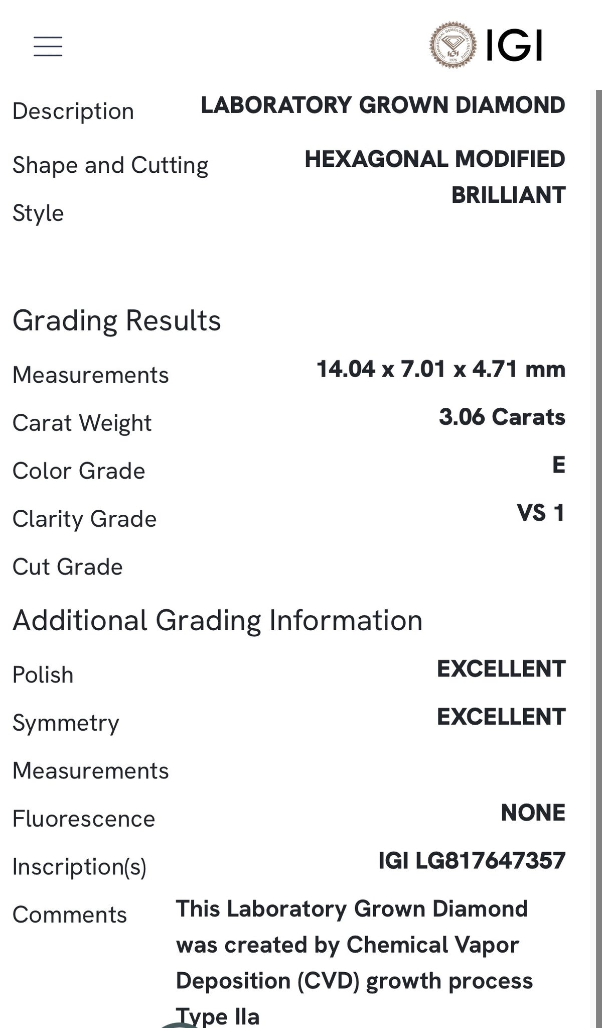 Yellow gold IGI certified 3.06ct duchess cut lab diamond and marquise and round lab diamond ring. Duchess cut measures 14.04x7.01x4.71mm