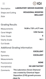 Yellow gold IGI certified 3.06ct duchess cut lab diamond and marquise and round lab diamond ring. Duchess cut measures 14.04x7.01x4.71mm