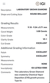 Yellow gold IGI certified 3.0ct round lab diamond and tapered baguette lab diamond ring. Round measures 9.18x5.71mm